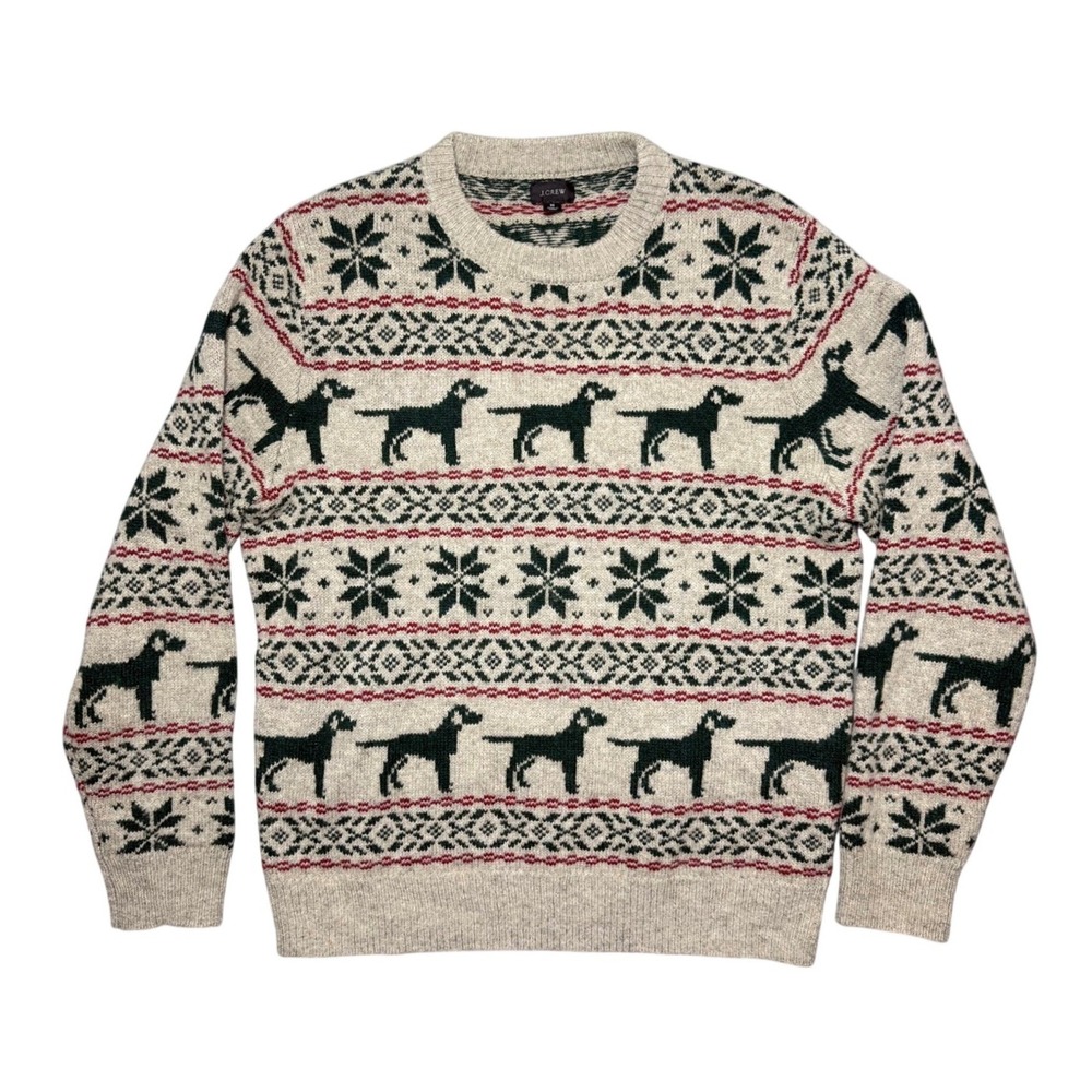 J.Crew Mens 100% Lambswool Fair Isle Labrador Dog Holiday Sweater Oatmeal Medium